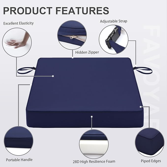 Favoyard Patio Chair Cushions 20 x 20 x 3 Inch Waterproof Outdoor Seat Cushions for Patio Furniture 3-Year Color Fastness Garden Sofa Couch Pads with Handle & Adjustable Straps Set of 2, Blue