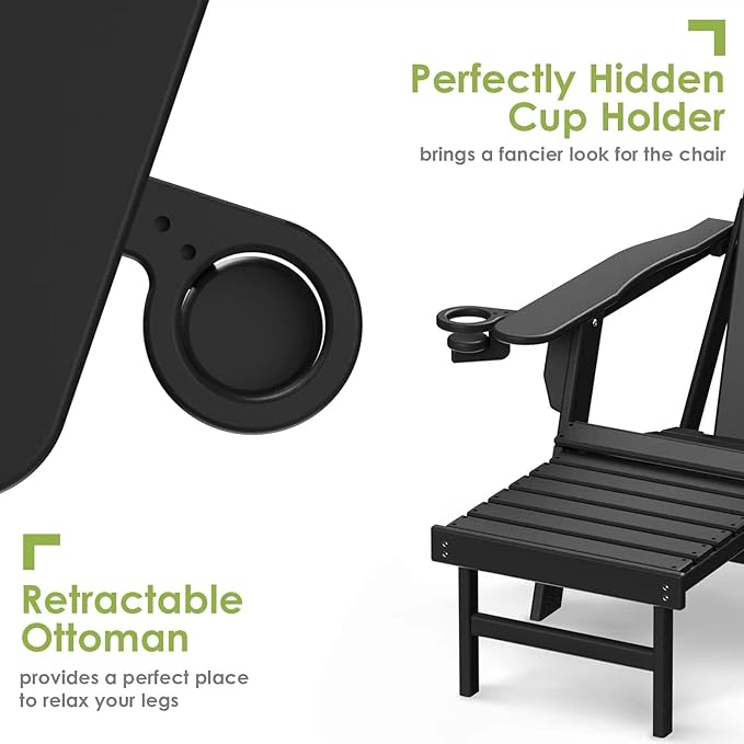 GREENVINES Adirondack-Chairs-with-Ottoman | Folding | Retractable-Footrest | HDPE Plastic | All Weather Fire Pit Chair | Cup Holders | Black | for Outdoor Poolside