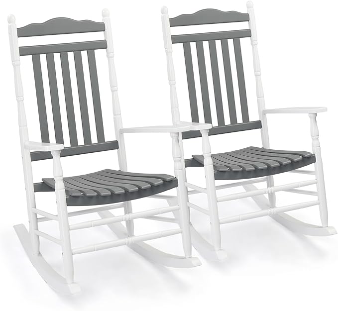 VINGLI Wooden Rocking Chair Outdoor, Patio Rockers with High Back, Support 450 LBS Rocking Chairs, for Porch, Patio, Balcony, Garden, Yard (White&Grey, 2 PCS)