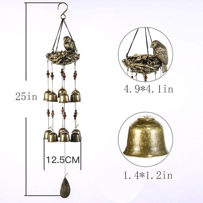 Bird Nest Wind Chime, Bird Bells Chimes with 12 Wind Bells for Glory Mother’s Love Gift, Garden Backyard Church Hanging Decor, Bronze