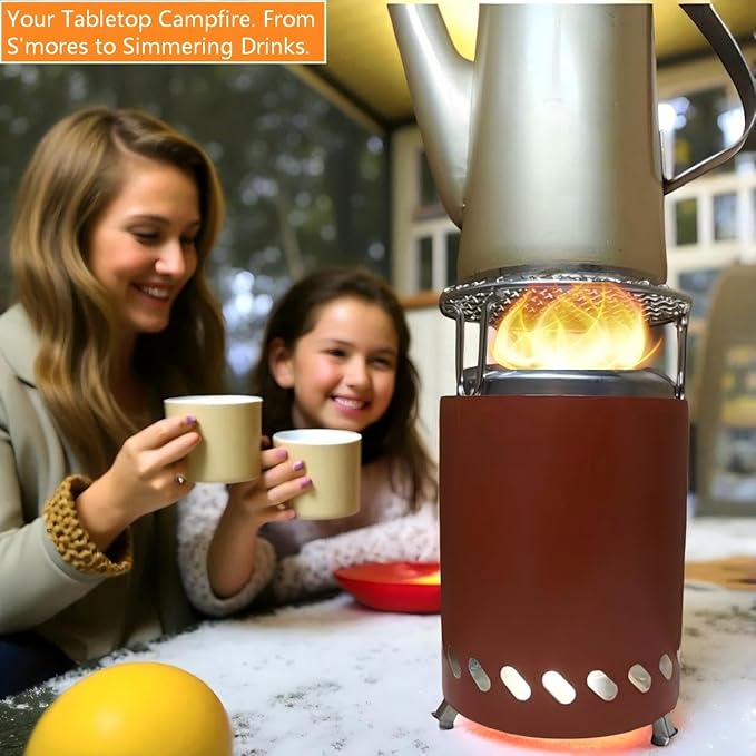 Red Tabletop Fire Pit - Portable Outdoor Camping Stove with Heavy-Duty Grill Grate & True Heat-Resistant Gloves, Low Smoke for Patio & Camping