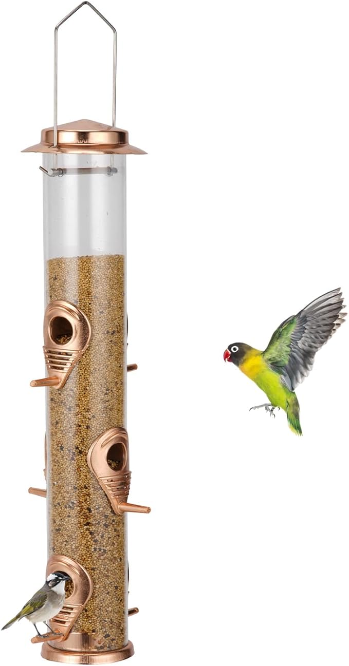 ERYTLLY Metal Bird Feeders 6 Port Tube Bird Feeder for Wild Birds, 1.4mm Extra Thick Solid Tube Transparent with Steel Hanger Squirrel Proof for Outside