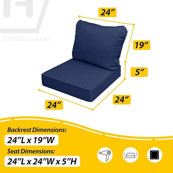 AAAAAcessories Outdoor Deep Seat Cushions, Waterproof, Fade-Resistant Patio Furniture Replacement Cushions, Set of 4, 24" x 24" x 5", Navy Blue
