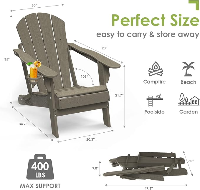 GREENVINES Folding-Adirondack-Chair-Set-of-2 | Wood Grain | HDPE Plastic | Fire Pit Chairs | All Weather | Cup Holder | Desert Brown | for Deck Backyard Patio Outdoor