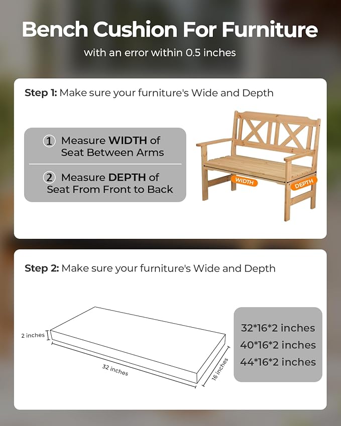Outdoor Waterproof Bench Cushions 32x16x2 inches, Comfortable Cushion For Patio Porch Swing Garden Furniture Bench, High-Density Seat Cushion With Anti-Slip Bottom, Indoor Sofa Bay Window (Grey)
