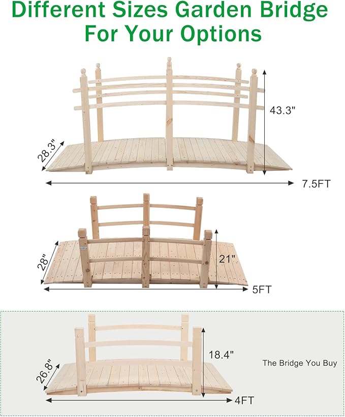 VINGLI 4 ft Garden Bridge, Arch Walkway Wooden Bridge with Safety Rails Natural Finished, Decorative Landscaping Footbridge for Koi Pond, Dry Creek Bed, Garden Pathway or Japanese Zen Decor