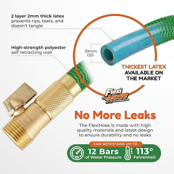 Flexi Hose with 8 Function Nozzle, 75FT - Lightweight Expandable Garden Hose, No-Kink Flexibility, 3/4 Inch Solid Brass Fittings and Double Latex Core - Green