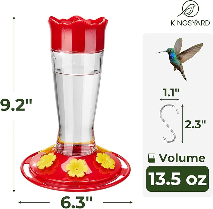 Kingsyard Glass Hummingbird Feeder for Outdoors Hanging - 6 Bee Guard Feeding Ports & Built-in Ant Moat, Wild Bird Feeder for Outside Garden Yard Patio 14 Oz, Updated Red