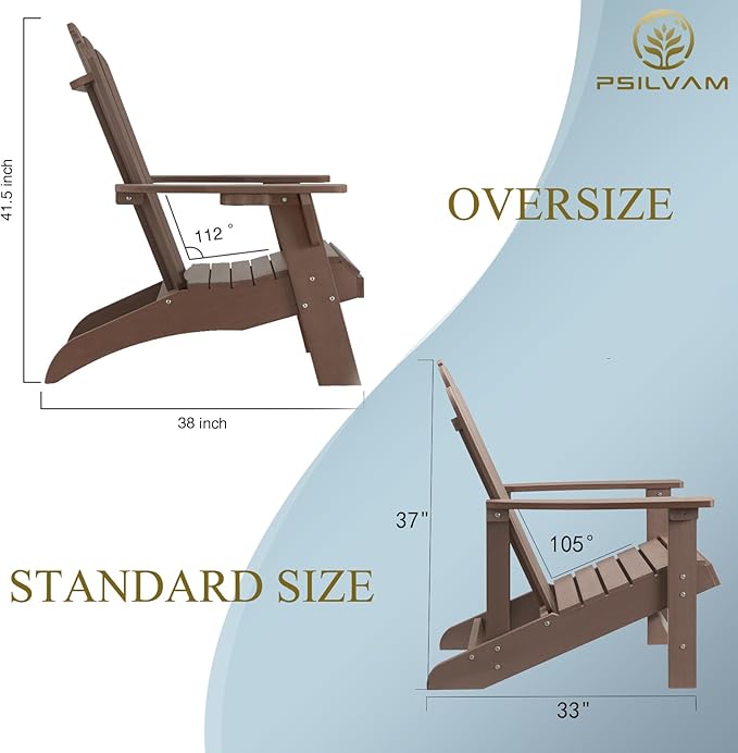 Psilvam Classic Adirondack Chair, Standard-Sized Poly Lumber Fire Pit Chair, 350Lbs Support Weather Resistant Patio Chairs for Garden, Party, Beach(Brown)