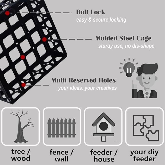 Suet Bird Feeder for Outdoors - Freestyle for Wall Mounting/Hook Hanging/DIY Creatives - One Cake Capacity Cage for Feeding Wild Birds Outside/Backyard/Garden