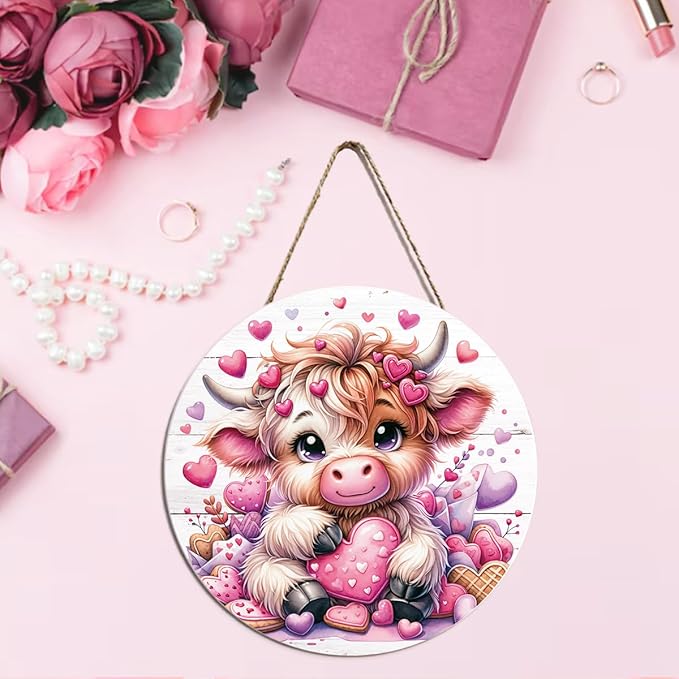 Valentines Day Wall Decor, Valentines Day Door Decorations, Gift for Boyfriend Girlfriend Husband Wife, Pink Heart Highland Cow Wood Hanging Sign Anniversary Porch Home Office Door Decor