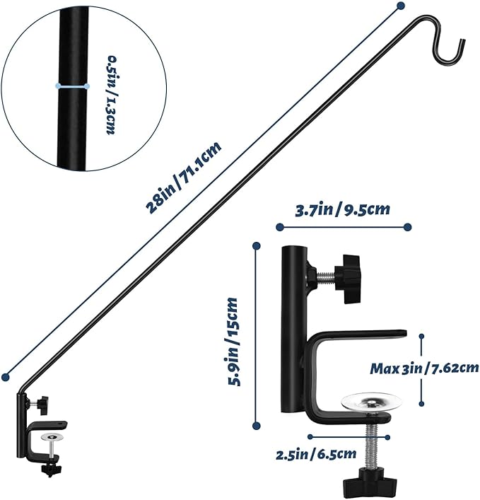 ERYTLLY 2 Packs 3 Inch Clamp 28" Long Deck Hook Wall Pole Wall ounted Deck Hook Extensible and Adjustable Wal!Bracket for Hanging Bird Feeder,Plants,Wind Chimes