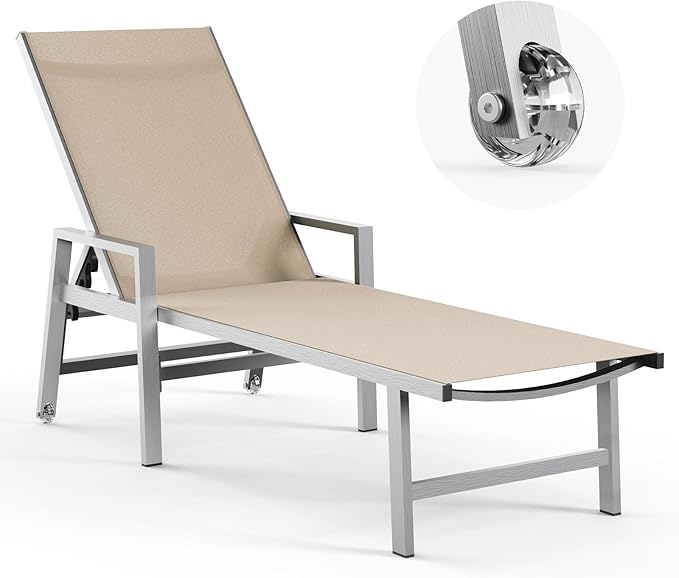 Patio Chaise Lounge Chair Outdoor with Wheels&Armrests, Aluminum Pool Lounge Chairs 5-Position Adjustable Recliner, Outdoor Beach Lounge Chairs for Poolside, Patio, Deck, Yard, Khaki