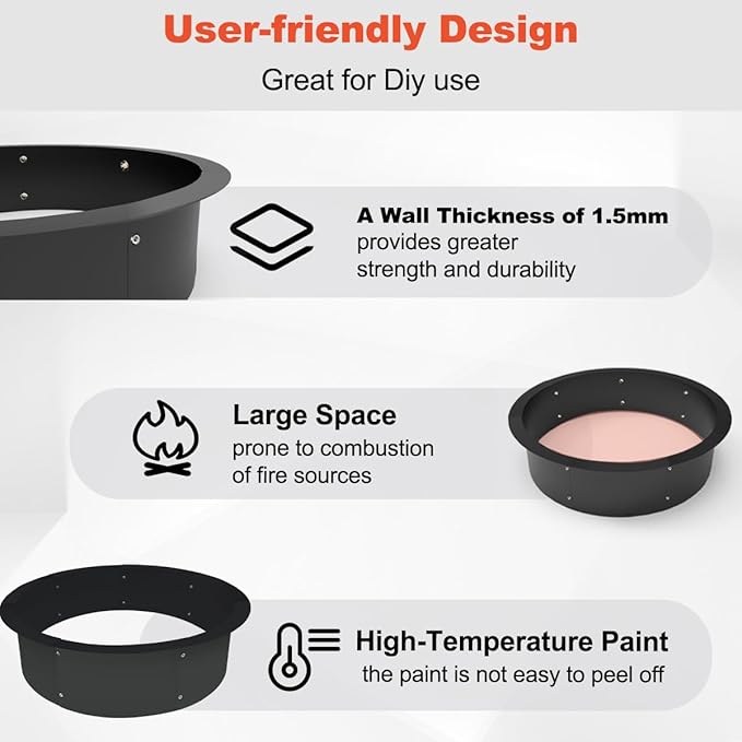 Koutemie Outdoor Fire Pit Ring Liner 40-Inch Outer/36-Inch Inner Diameter, Heavy Duty Solid Metal Steel Round Firepit Rim Insert for Outside DIY Campfire Ring Above or In-Ground, Black