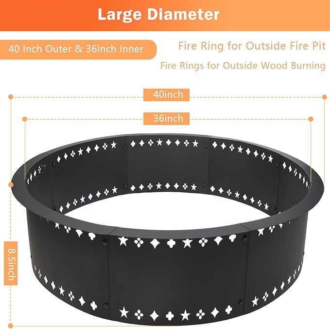 Fire Pit Ring 36 inch Fire Ring for Outside Fire Pit,Large Round Smokeless Firepit Insert,DIY Fire Rings for Outside Wood Burning Above or In-Ground Camping Firepit Ring for Outdoor Patio Yard Garden