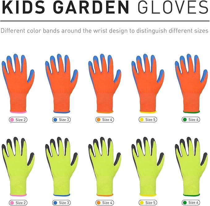 HANDLANDY 3 Pairs Kids Gardening Gloves Latex Free, Nitrile Coated Children Toddler Garden Yard Work Gloves for Little Girls Boys (Size S, Black-Orange)