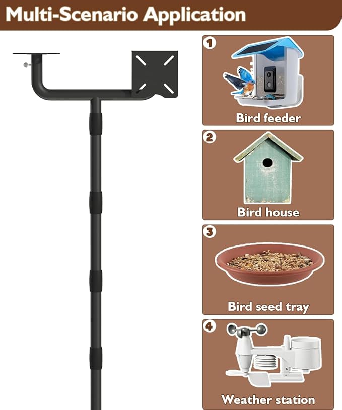 Garbuildman Upgraded Smart Bird Feeder Pole for 2 Birdhouses with Reinforced 5-Prong Base, Adjustable Birdhouse Pole for Outdoors, 2-in-1 Bird Feeder Stand Mounting Kit for Wild Birds Watching, Black