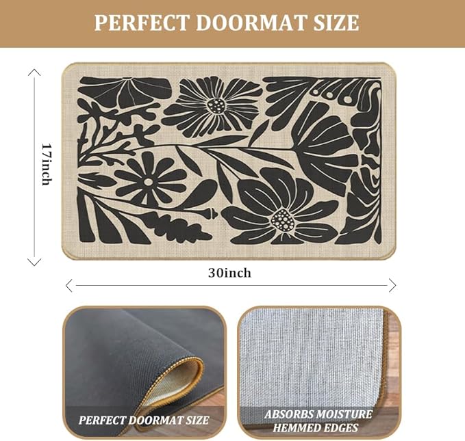 Boho Beige and Black Floral Door Mat - Bohemian Neutral Floral Front Door Welcome Mats Outdoor Entrance, 17x30 Rug
