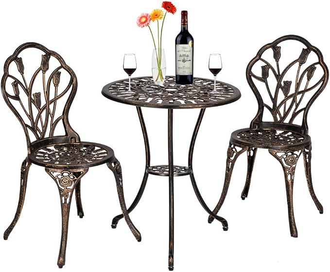 VINGLI 3 PCS Outdoor Bistro Set, Outdoor Patio Set, All-Weather Cast Aluminum Bistro Table Set, Bistro Table and Chairs Set of 2 for Backyard, Garden, Balcony (Bronze, Tulip)
