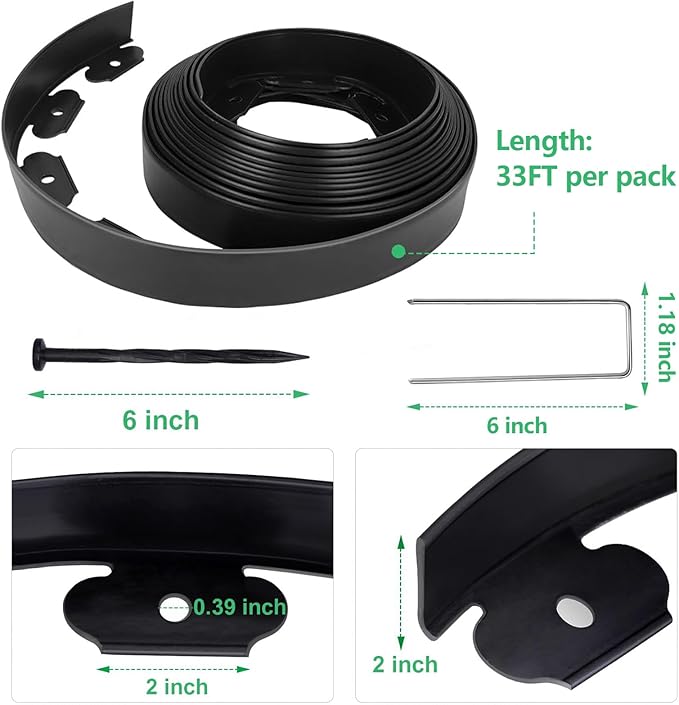 Landscape Edging 2 Inch X 33 FT Garden Edging Border with 30 Metal Spikes + 30 PE Spikes for Lawn,Flower Bed,Yard,Paver,Garden Playground, Fence, Pathway Edging Landscaping