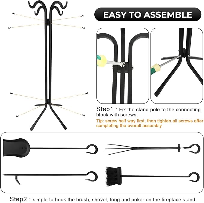 Fireplace Tools Set 5 Piece - Solid Wrought Iron Fire Place Tool Set with Stand, Heavy Duty Indoor Outdoor Fire Pit Accessories Kit, Stable X-Base Black