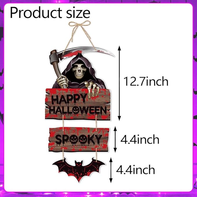 Happy Halloween Decorations Death Hanging Sign Front Door Hanger Wreath Decor Indoor Outdoor Decor for Halloween Party Home Farmhouse Wall Porch Yard Window Decoration Supplies