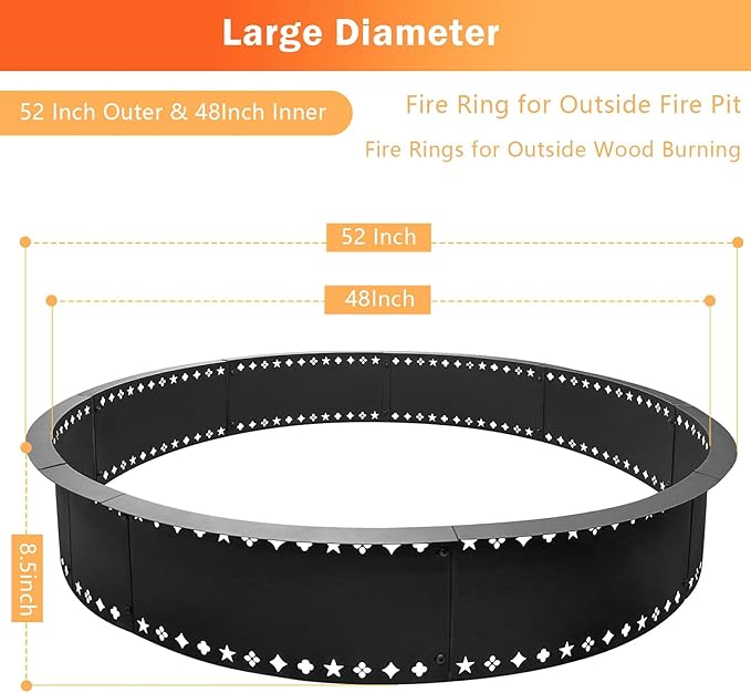 DFLU Smokeless Fire Pit Ring 48 inch Inner, 52 inch Outer Large Firepit Ring Insert Metal Steel Round Firepit Ring for Outside Wood Burning DIY Fire Pits Outdoor Fire Place for Camping Patio Backyard