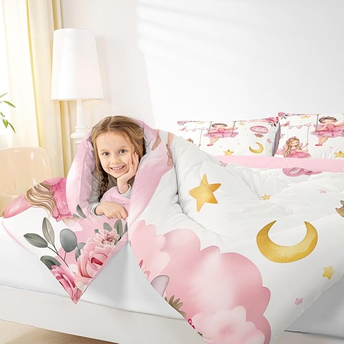 Erosebridal Pink Fairy Floral Queen Comforter Set - Cute Fairies Bedding Sets for Girls Kids, Moon and Stars Bed Set | Flower & Butterfly Kawaii Room Decor with 2 Pillowcases