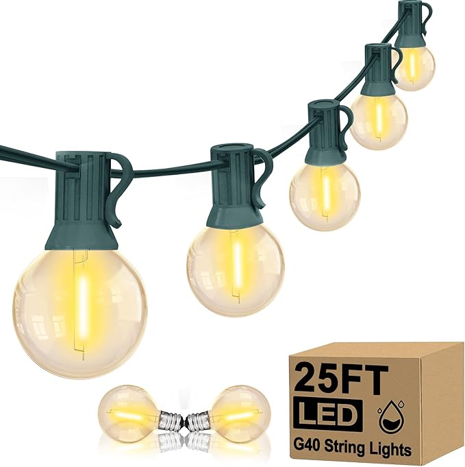 25FT LED Outdoor Christmas String Lights Waterproof, Hanging G40 Globe Patio Lights with 27 LED Shatterproof Warm White Bulbs, Outdoor Christmas Decorations Light for Wedding Party Backyard, Green