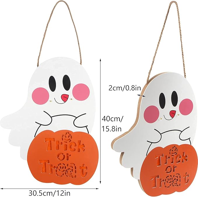 DERAYEE Halloween Door Sign with Light, Haing Ghost Door Decor LED Trick or Treat Hanger Wreath Halloween Outdoor Indoor Decorations
