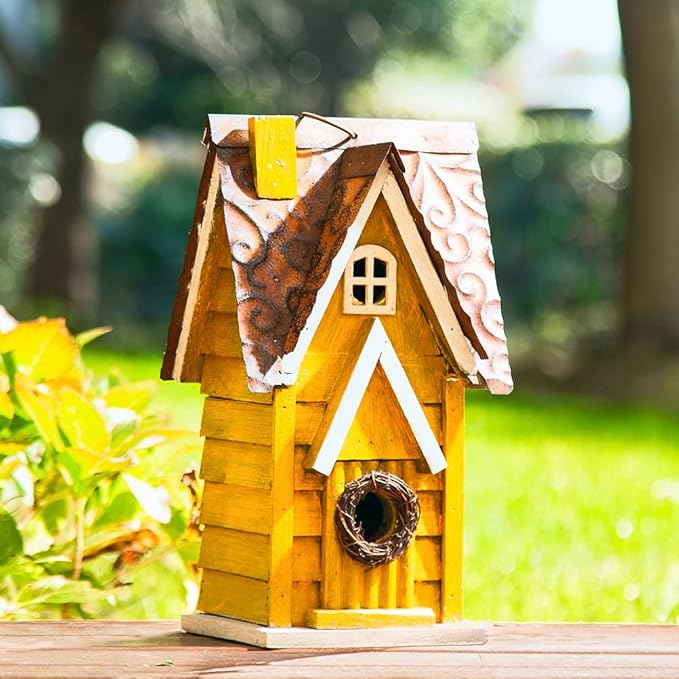 Glitzhome Bird Houses for Outside, 12" H Solid Wood Blue Bird House, Yellow Distressed Cottage Bird Nesting Box Decorative Birdhouse Hanging Bird House for Outdoors, Finch Swallow Wren Chickadee
