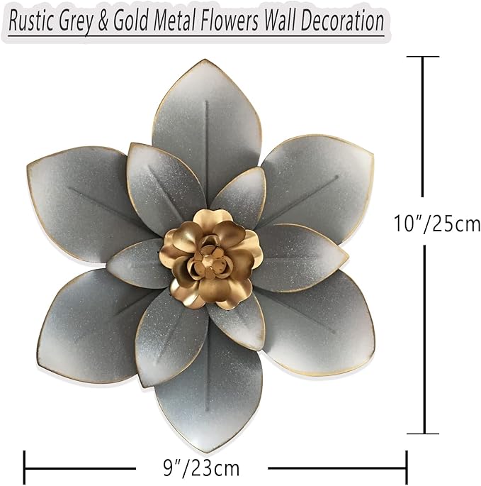 Metal Flower Wall Art Decor, 10“ Rustic Modern Floral Sculpture, Distressed Iron Wall Hanging Home Decoration Accent Artworks for Indoor Kitchen Bedroom Living Room Office Outdoor Garden Patio