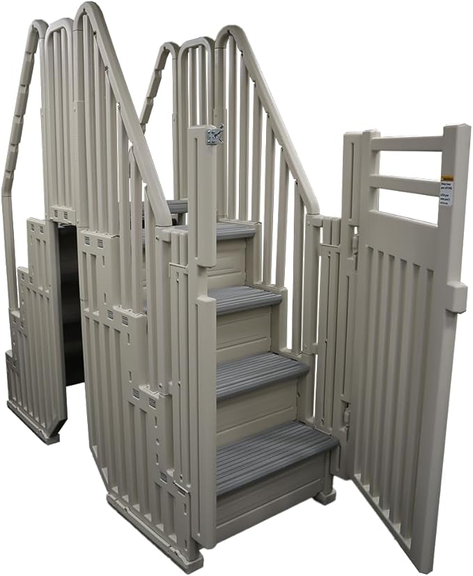 Confer Plastics Step Enclosure System: Above Ground Entry System, Dual Handrails, Slip-Resistant Steps, Supports 400 lbs, Easy Install – Made in USA, Warm Grey with Grey Step-1X Treads