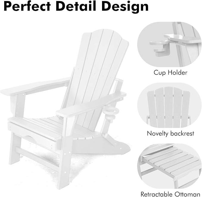 Folding Adirondack Chair with Retractable Ottoman,All Weather Fire Pit Chairs with Cup Holder,Outdoor Chair with Ottoman,White
