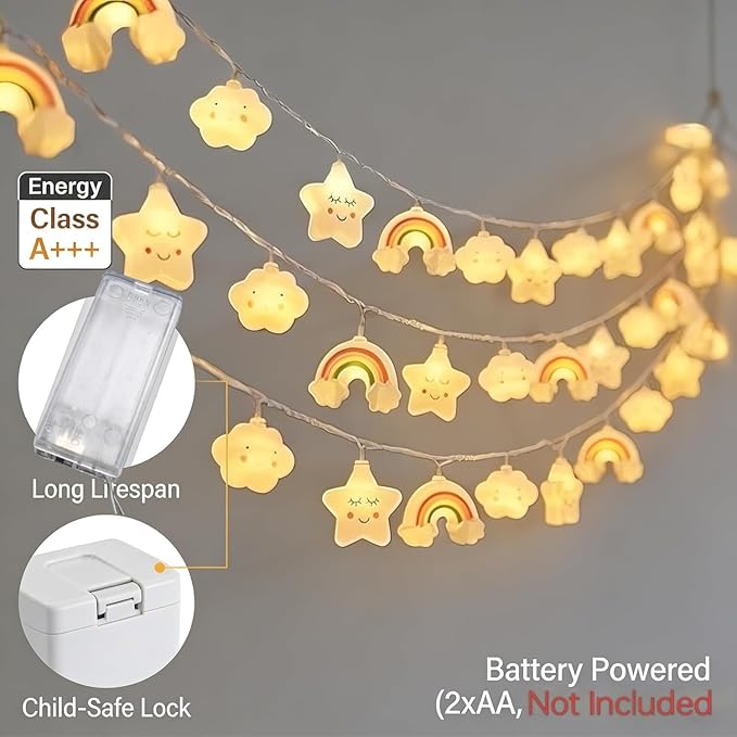 Star Cloud Rainbow Fairy Lights 9.8FT 20 LED Lights with Battery Operated Warm White Fairy String Lights for Holiday Party Bedroom Wedding Garden Decoration (Stars Clouds Rainbows, 9.8FT)