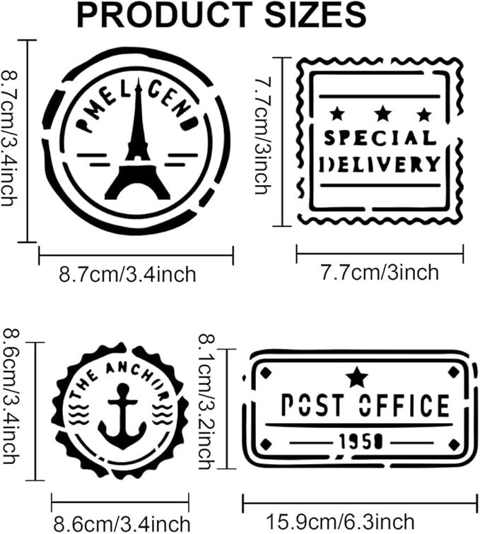 MAYJOYDIY 10 Styles Postal Stencil 11.7×8.3inch Vintage Stamp Travel Seal Stencil with Paint Brush Reusable Post Office Airplane Anchor Drawing Templates for Crafts Furniture Wood Canvas Home Decor