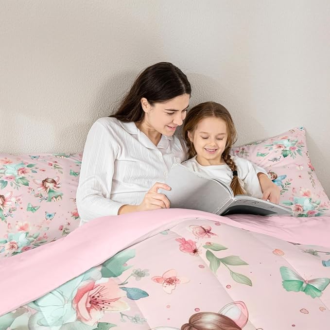 Erosebridal Fairy Garden Queen Bedding Set - Butterfly & Floral Comforter Set for Girls Kids, Pink Green Flowers Fairies Quilt | Aesthetic Flower Cute Bedroom Decor with 2 Pillowcases