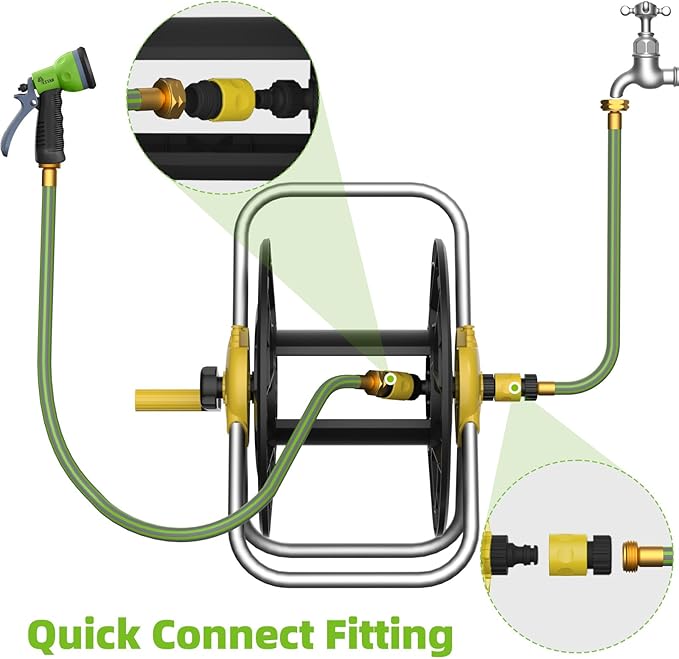 Water Hose Reel Cart, Holds 60-80 Ft of 5/8 Inch Hose, Yellow Wall Mounted Garden Hose Cart, Portable Hose Reel for Convenient Storage and Watering
