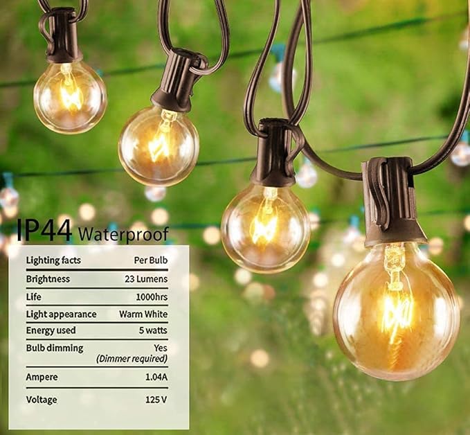 Abeja 25Ft Outdoor Patio String Lights with 27 Clear G40 Bulbs, UL Listed for Porch Bars Deck Wedding Party Markets Decor, 5W, E12 Socket Base, Brown