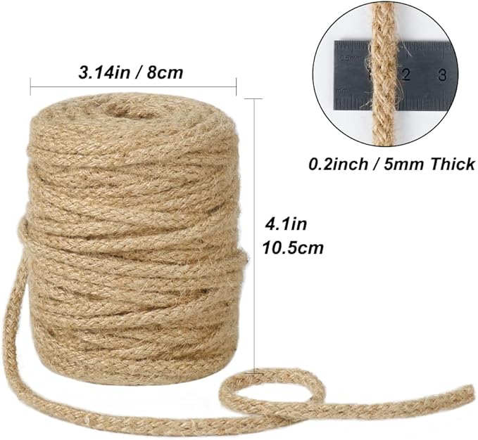 Tenn Well 5mm Jute Twine, 100 Feet Braided Natural Rope, Thick Twine for Crafts, Gift Wrapping, Gardening, Cat Tower Repair, Macrame Jute Cord