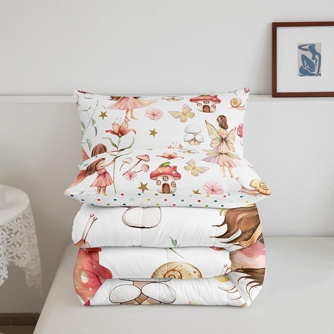 Erosebridal Fairy Garden Twin Comforter Set,Cute Pink Floral Bedding Sets for Girls Kids,Butterfly Flower Quilt Bed Set,Kawaii Mushroom Flowers Bedroom Decor,1 Pillowcase Reversible