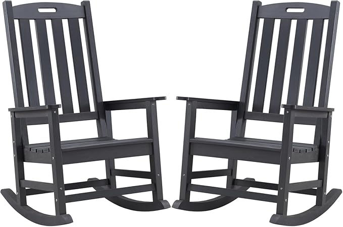 Psilvam Oversized Outdoor Rocking Chair Set of 2, Porch Rocker with 21" Wide Seat and 32" Tall Backrest, Pre-Assembled with Most Components for Effortless Installation (Carbon Black)