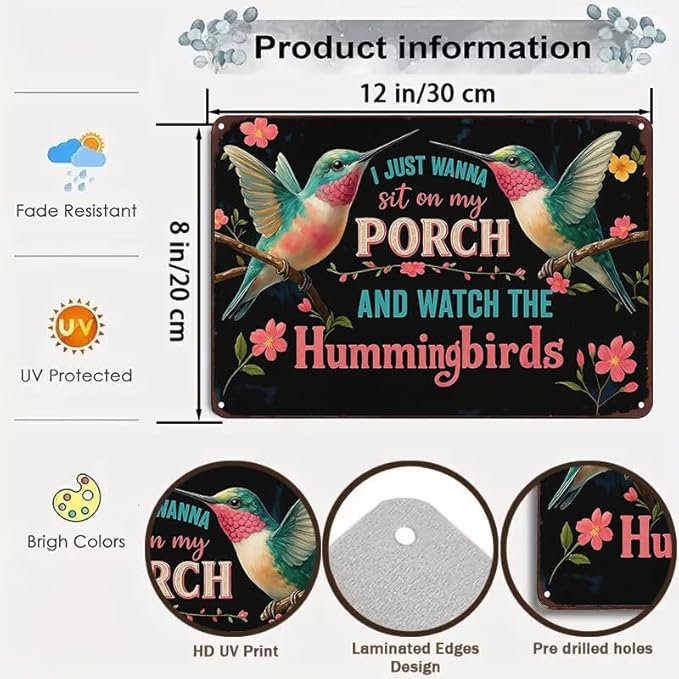 Funnysign I Just Wanna Sit On My Porch And Watch The Hummingbirds Vintage Tin Sign for Porch Garden Patio Outdoor Decor 8 X 12 Inch(3997)