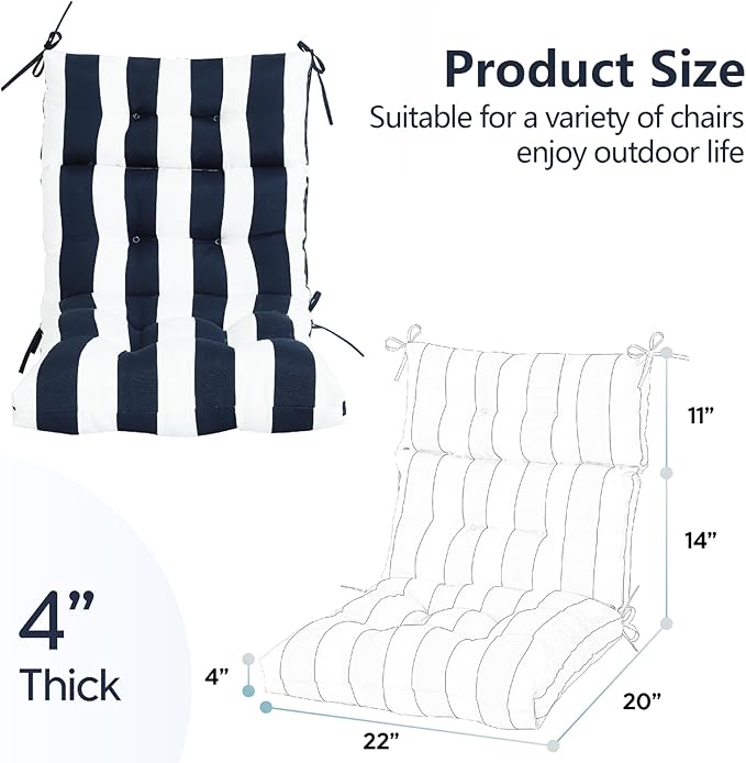 High Back Chair Cushions Set of 2, Adirondack Chair Cushion with Waterproof, Rocking Chair Cushion for Outdoor Patio, Garden Porch 45”x 22”x 4 (2, Navy White B)