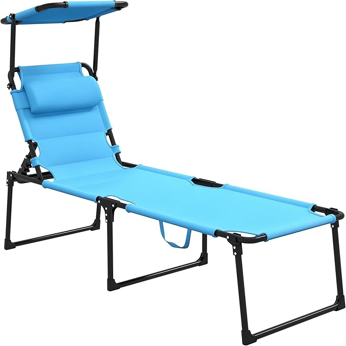 Outsunny Outdoor Lounge Chair, Adjustable Backrest Folding Chaise Lounge, Cushioned Tanning Chair with Sunshade Roof & Pillow Headrest for Beach, Camping, Hiking, Light Blue