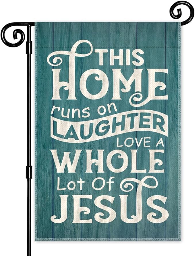 This Home Runs on Laughter Love a Whole Lot of Jesus Garden Flag, Double Sided Yard Outdoor Farmhouse Lawn Porch Decor Flag, Christian Religious Decor Flag, Bible Faith Housewarming Gifts