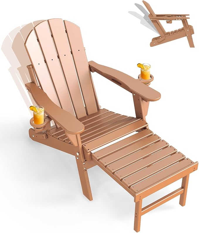 GREENVINES Adjustable Adirondack Chair with Retractable Ottoman | Folding | HDPE Plastic | Fire Pit Chairs w/Foot Rest | 2 Cup Holders | Teak | for Outdoor Patio Poolside Deck