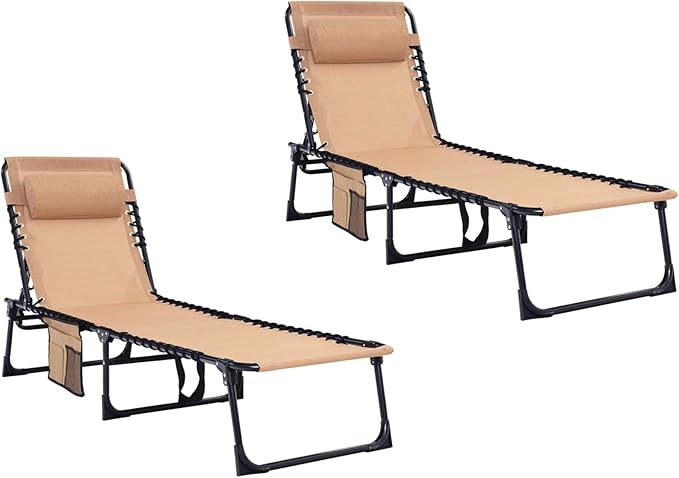 Patio Lounge Chair 2 PCS Folding Chaise Bed - Heavy-Duty 400lb Capacity Portable Adjustable Recliner w/Pillow for Pool, Camping, Sunbathing - Lay Flat Design (Beige)
