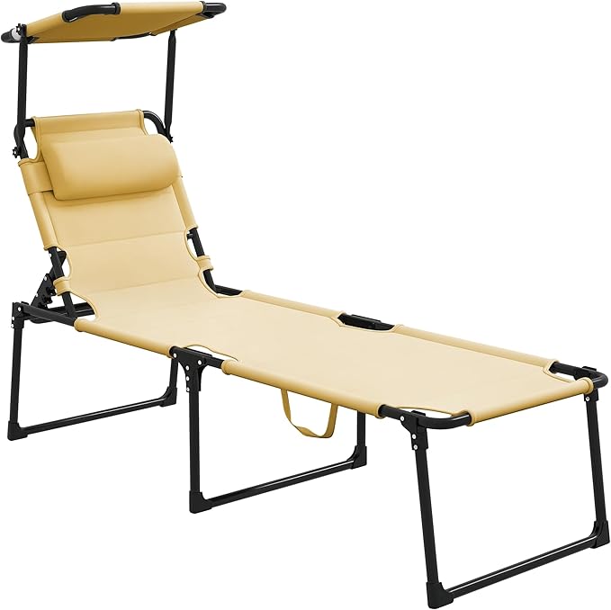Outsunny Outdoor Lounge Chair, Adjustable Backrest Folding Chaise Lounge, Cushioned Tanning Chair with Sunshade Roof & Pillow Headrest for Beach, Camping, Hiking, Cream White