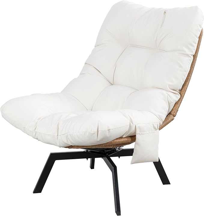 Shintenchi Outdoor Rattan Swivel Chair,Nature Wicker Patio Rotating Chair with Beige Thickened Cushion and Side Pocket,360° Rotation Patio Lounge Chairs for Living Room Bedroom Backyard Balcony